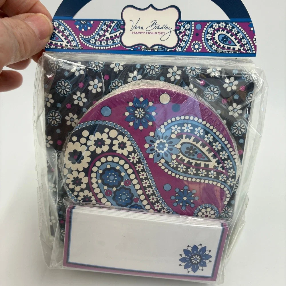 Vera Bradley Happy Hour Set Boysenberry Paisley Napkins‎ Coasters Placecards